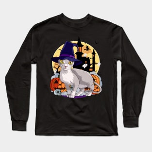 Devon Rex Cat Funny Halloween Witch Pumpkin Long Sleeve T-Shirt